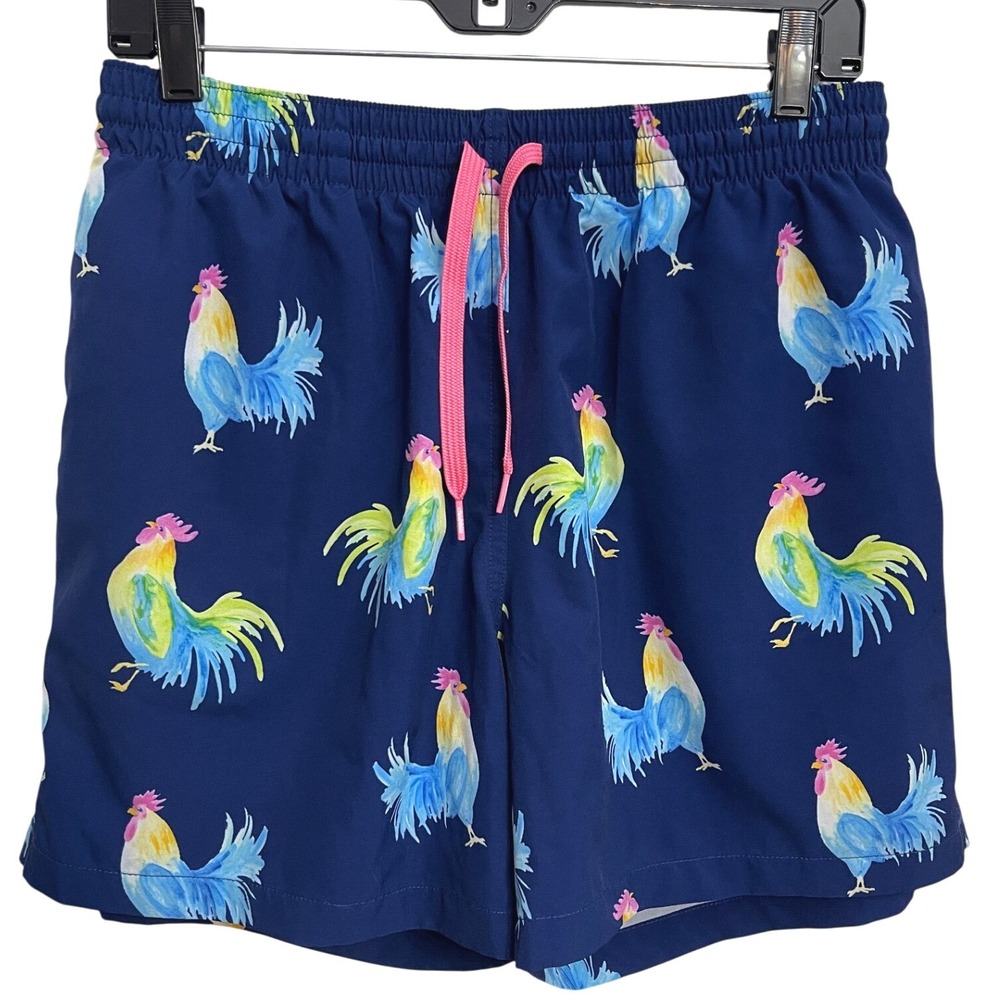 Chubbies Mens L 5.5" Swim Trunks Rooster Chicken Print Navy Rainbow Lined Shorts